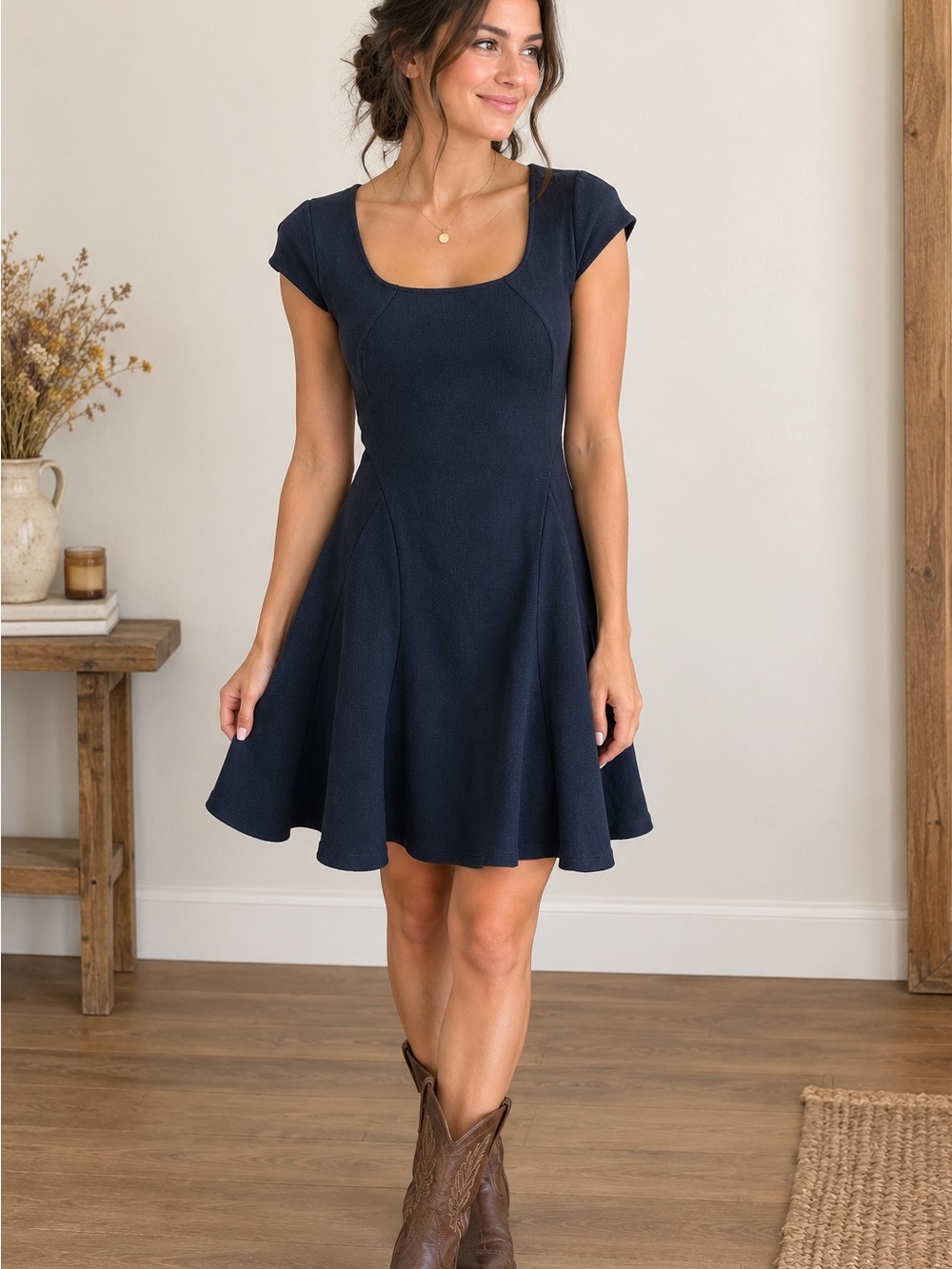 LOFT Navy Fit Flare Dress Women 00P XXS Petite Cap Sleeve Princess Seam Mini
